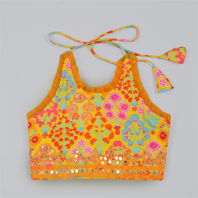 MUSTARD FLORAL PRINTED MIRROW WORK AND EMBROIDERED BLOUSE WITH FLORAL PRINTED GHAGARA SET