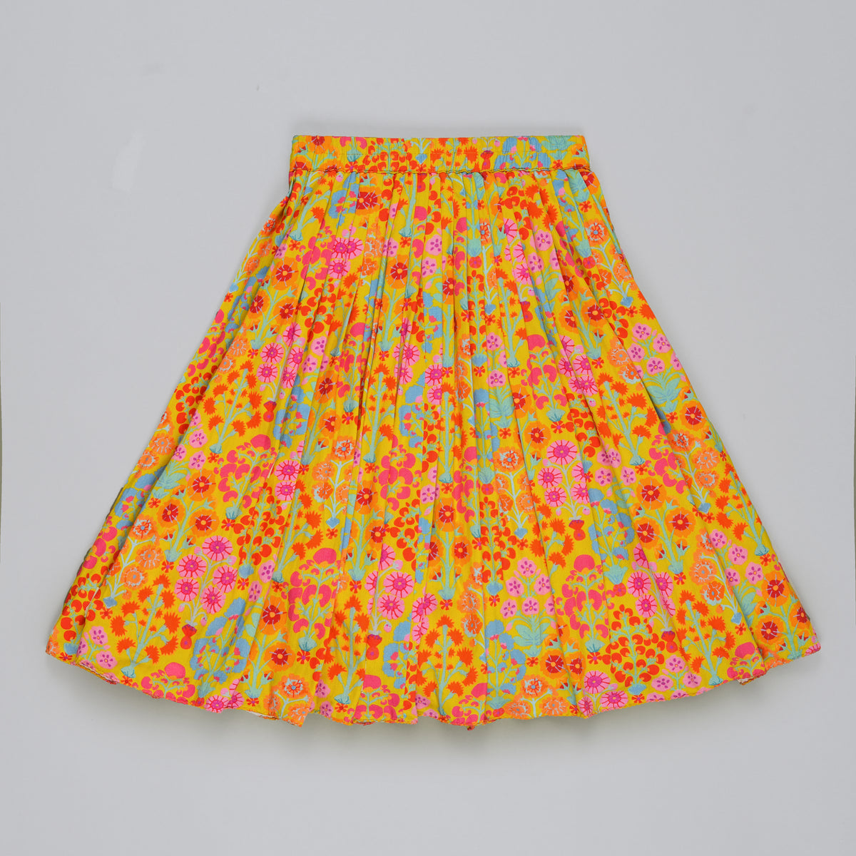 MUSTARD FLORAL PRINTED MIRROW WORK AND EMBROIDERED BLOUSE WITH FLORAL PRINTED GHAGARA SET
