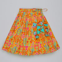 MUSTARD FLORAL PRINTED MIRROW WORK AND EMBROIDERED BLOUSE WITH FLORAL PRINTED GHAGARA SET