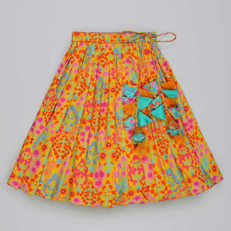 MUSTARD FLORAL PRINTED MIRROW WORK AND EMBROIDERED BLOUSE WITH FLORAL PRINTED GHAGARA SET