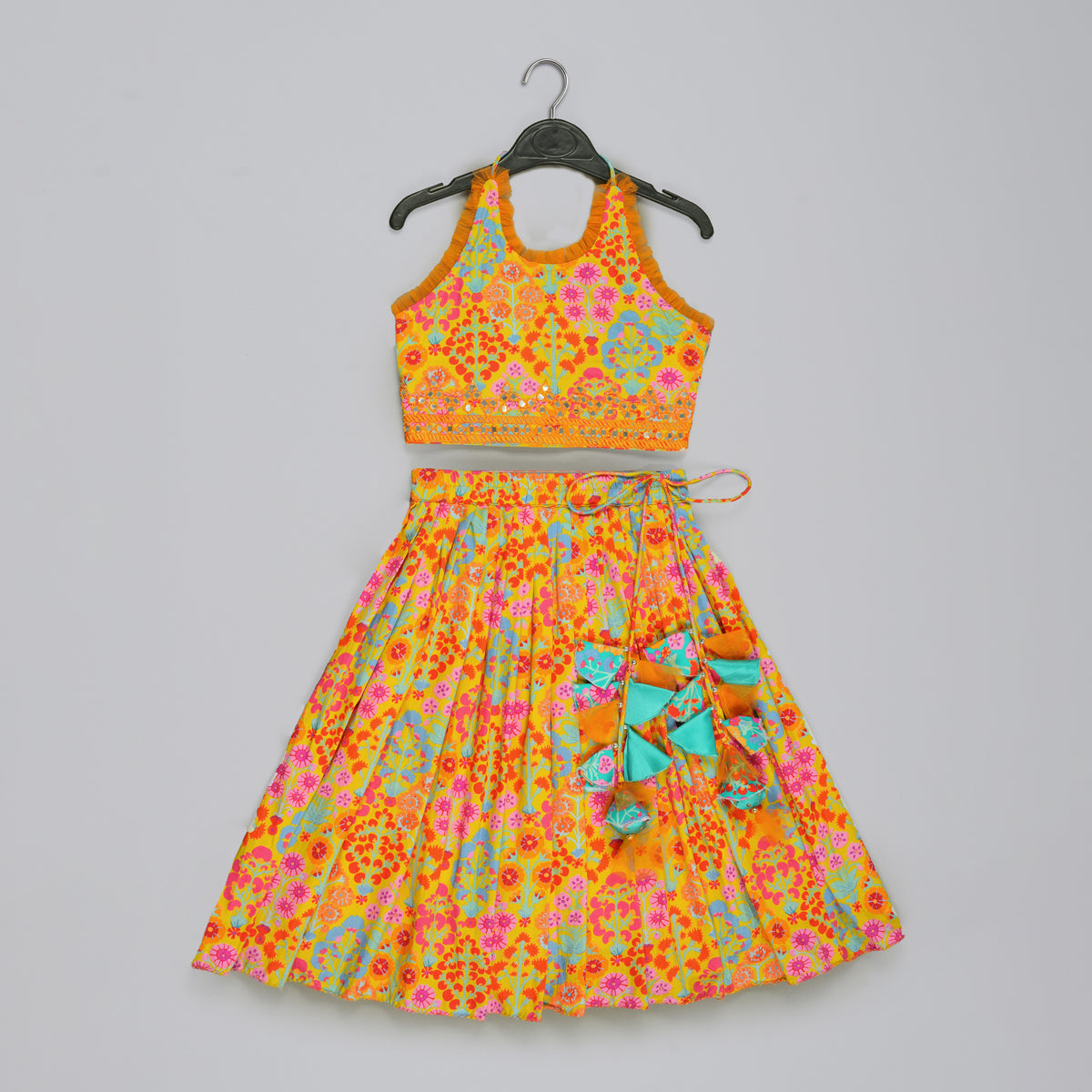 MUSTARD FLORAL PRINTED MIRROW WORK AND EMBROIDERED BLOUSE WITH FLORAL PRINTED GHAGARA SET