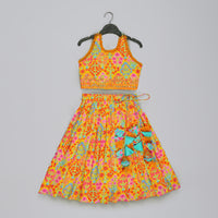 MUSTARD FLORAL PRINTED MIRROW WORK AND EMBROIDERED BLOUSE WITH FLORAL PRINTED GHAGARA SET