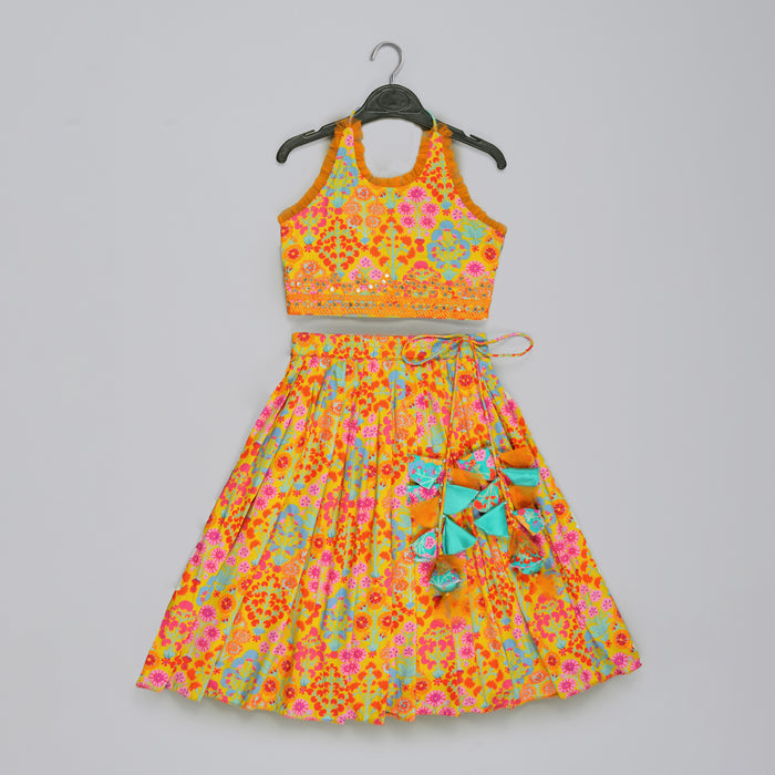 MUSTARD FLORAL PRINTED MIRROW WORK AND EMBROIDERED BLOUSE WITH FLORAL PRINTED GHAGARA SET