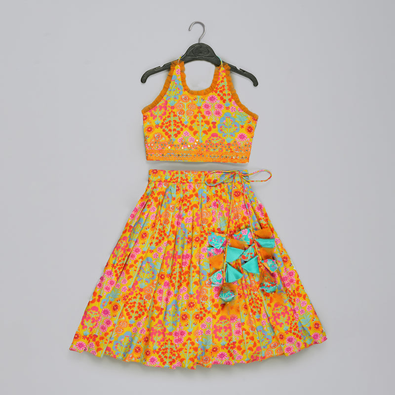 MUSTARD FLORAL PRINTED MIRROW WORK AND EMBROIDERED BLOUSE WITH FLORAL PRINTED GHAGARA SET