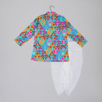 BLUE FLORAL PRINTED MIRROR WORK AND EMBROIDERD KURTA WITH DHOTI SET