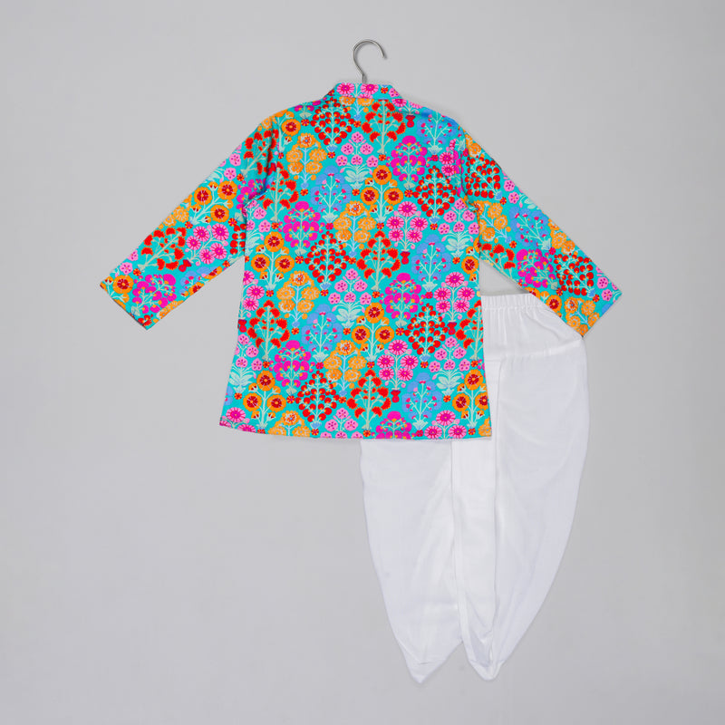 BLUE FLORAL PRINTED MIRROR WORK AND EMBROIDERD KURTA WITH DHOTI SET