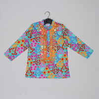 BLUE FLORAL PRINTED MIRROR WORK AND EMBROIDERD KURTA WITH DHOTI SET