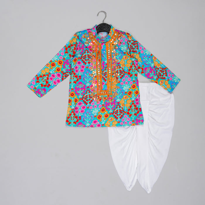 BLUE FLORAL PRINTED MIRROR WORK AND EMBROIDERD KURTA WITH DHOTI SET