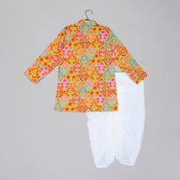 MUSTARD FLORAL PRINTED MIRROR WORK AND EMBROIDERD KURTA WITH DHOTI SET