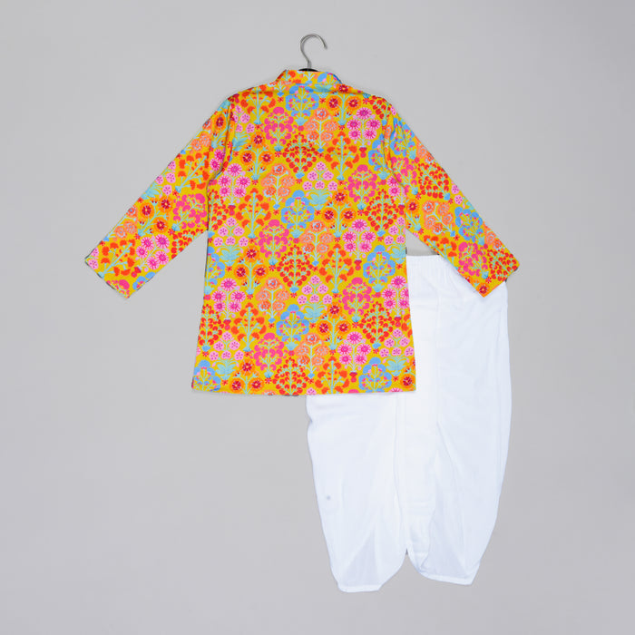 MUSTARD FLORAL PRINTED MIRROR WORK AND EMBROIDERD KURTA WITH DHOTI SET