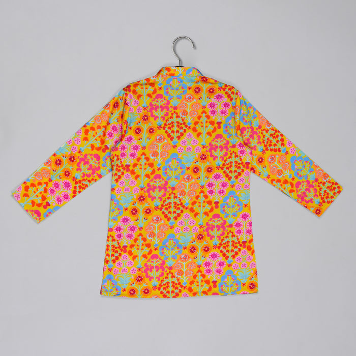 MUSTARD FLORAL PRINTED MIRROR WORK AND EMBROIDERD KURTA WITH DHOTI SET
