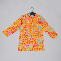 MUSTARD FLORAL PRINTED MIRROR WORK AND EMBROIDERD KURTA WITH DHOTI SET