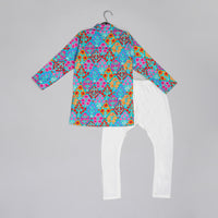BLUE STYLISH FLORAL PRINTED FRONT OPEN KURTA ,MIRROR WORK AND EMBROIDERY WITH PAJAMA SET