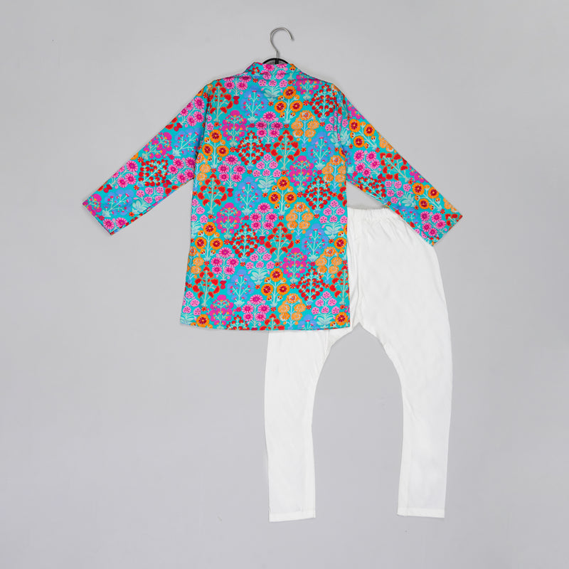BLUE STYLISH FLORAL PRINTED FRONT OPEN KURTA ,MIRROR WORK AND EMBROIDERY WITH PAJAMA SET