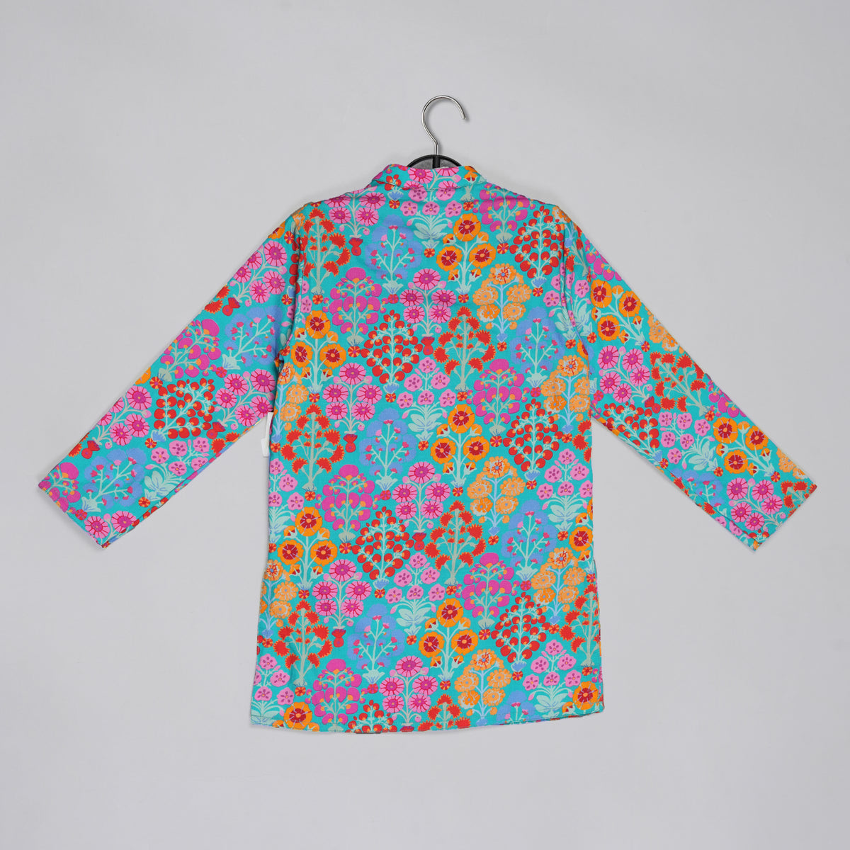 BLUE STYLISH FLORAL PRINTED FRONT OPEN KURTA ,MIRROR WORK AND EMBROIDERY WITH PAJAMA SET