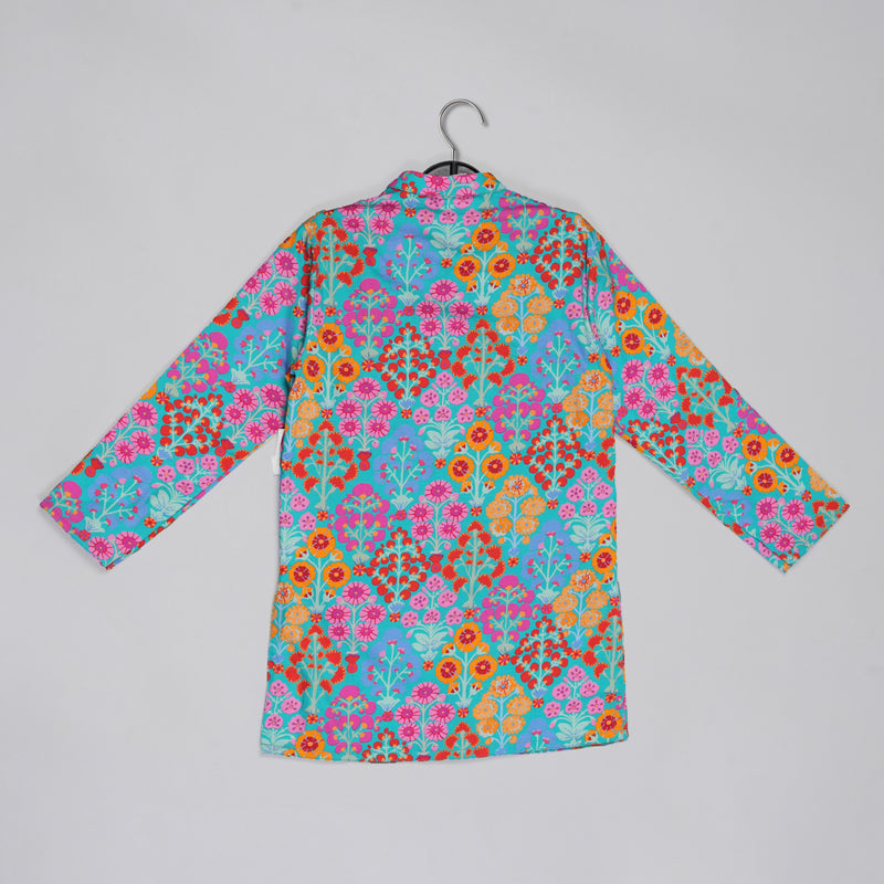 BLUE STYLISH FLORAL PRINTED FRONT OPEN KURTA ,MIRROR WORK AND EMBROIDERY WITH PAJAMA SET