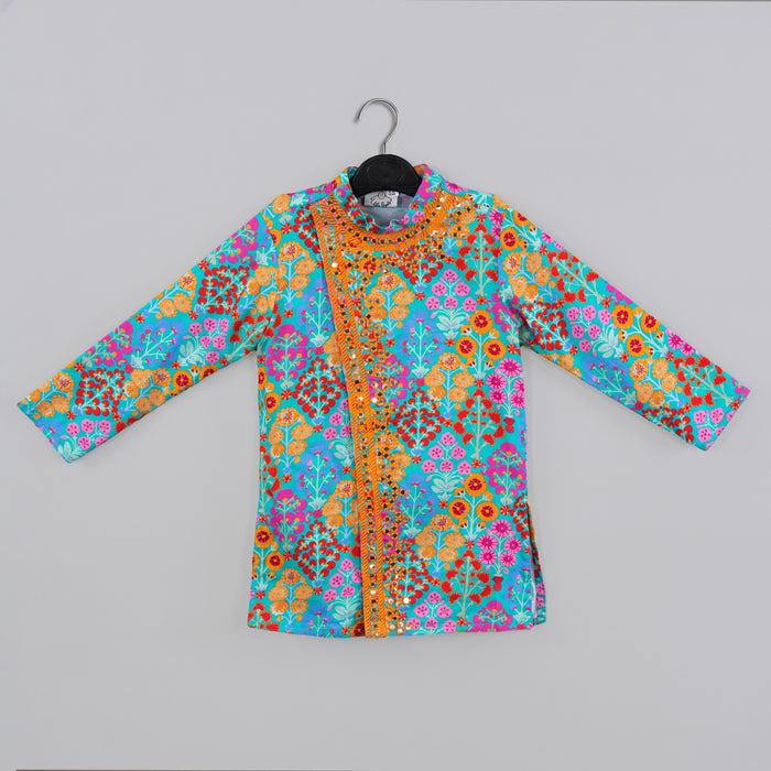 BLUE STYLISH FLORAL PRINTED FRONT OPEN KURTA ,MIRROR WORK AND EMBROIDERY WITH PAJAMA SET