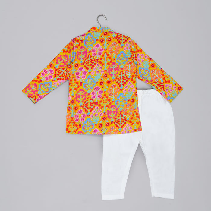 MUSTARD STYLISH FLORAL PRINTED FRONT OPEN KURTA ,MIRROR WORK AND EMBROIDERY WITH PAJAMA SET