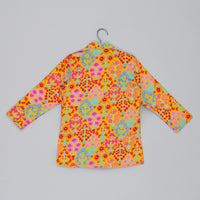 MUSTARD STYLISH FLORAL PRINTED FRONT OPEN KURTA ,MIRROR WORK AND EMBROIDERY WITH PAJAMA SET