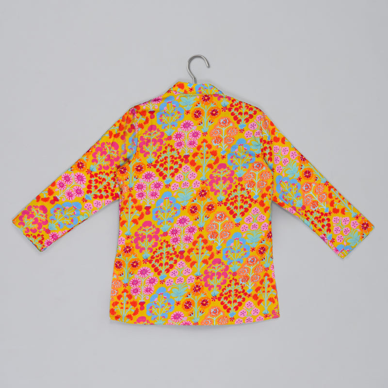 MUSTARD STYLISH FLORAL PRINTED FRONT OPEN KURTA ,MIRROR WORK AND EMBROIDERY WITH PAJAMA SET