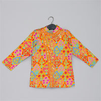 MUSTARD STYLISH FLORAL PRINTED FRONT OPEN KURTA ,MIRROR WORK AND EMBROIDERY WITH PAJAMA SET