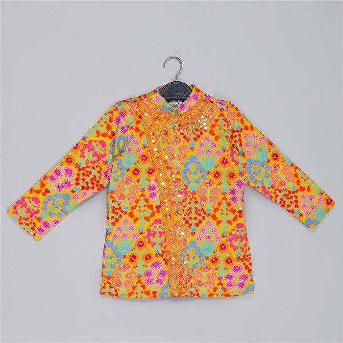 MUSTARD STYLISH FLORAL PRINTED FRONT OPEN KURTA ,MIRROR WORK AND EMBROIDERY WITH PAJAMA SET