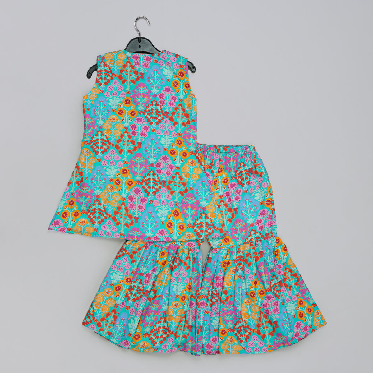 BLUE FLORAL PRINTED MIRROW WORK AND EMBROIDERED TOP WITH FLORAL PRINTED SHARARA SET