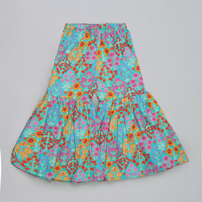 BLUE FLORAL PRINTED MIRROW WORK AND EMBROIDERED TOP WITH FLORAL PRINTED SHARARA SET