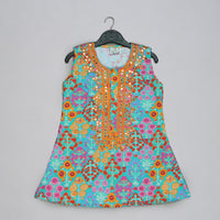 BLUE FLORAL PRINTED MIRROW WORK AND EMBROIDERED TOP WITH FLORAL PRINTED SHARARA SET