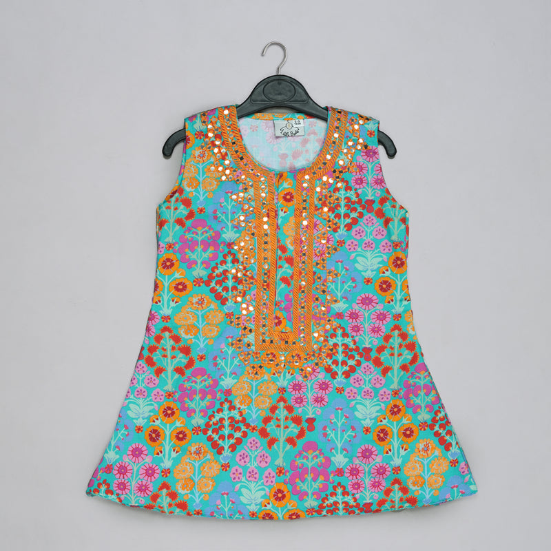 BLUE FLORAL PRINTED MIRROW WORK AND EMBROIDERED TOP WITH FLORAL PRINTED SHARARA SET