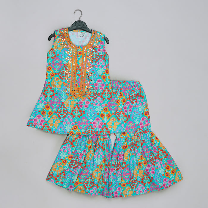 BLUE FLORAL PRINTED MIRROW WORK AND EMBROIDERED TOP WITH FLORAL PRINTED SHARARA SET