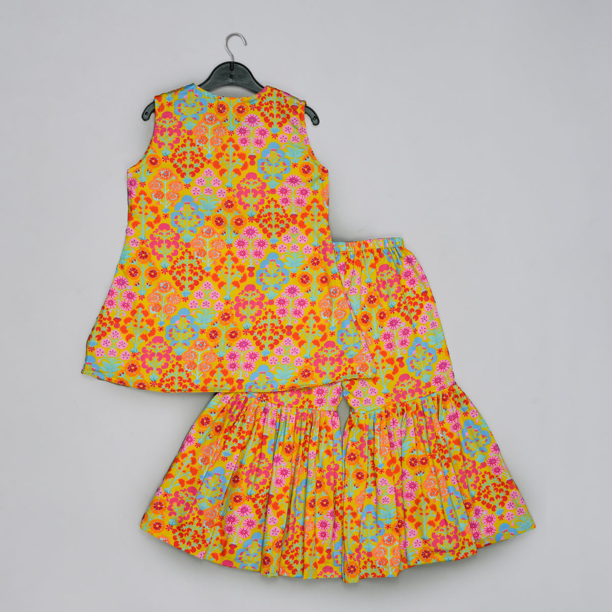MUSTARD FLORAL PRINTED MIRROW WORK AND EMBROIDERED TOP WITH FLORAL PRINTED SHARARA SET