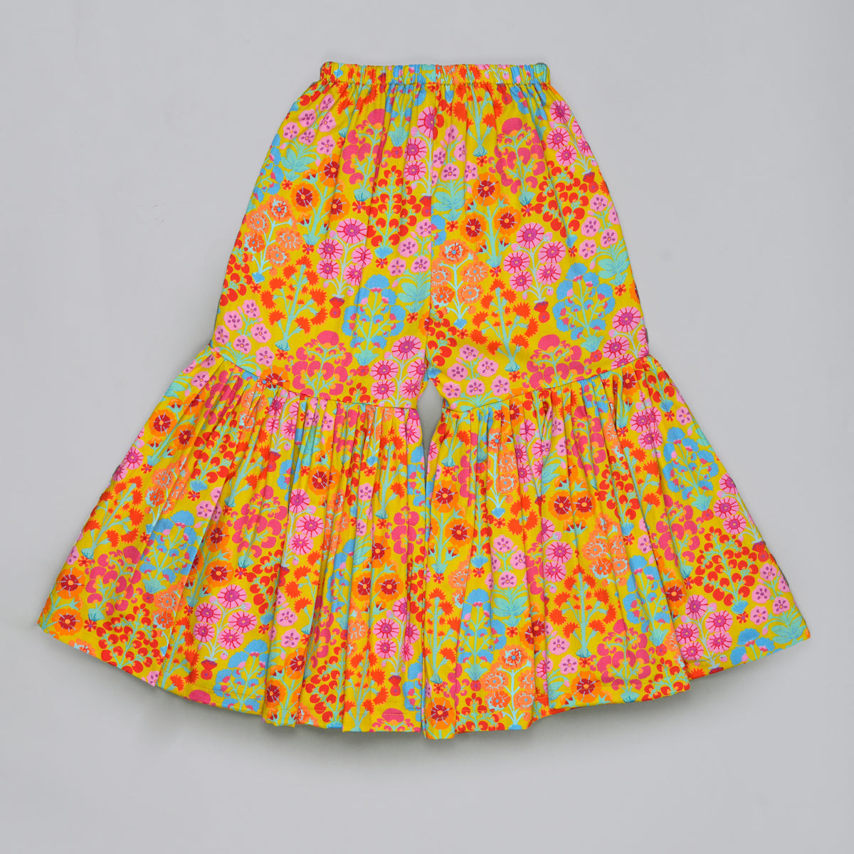 MUSTARD FLORAL PRINTED MIRROW WORK AND EMBROIDERED TOP WITH FLORAL PRINTED SHARARA SET