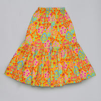 MUSTARD FLORAL PRINTED MIRROW WORK AND EMBROIDERED TOP WITH FLORAL PRINTED SHARARA SET