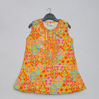 MUSTARD FLORAL PRINTED MIRROW WORK AND EMBROIDERED TOP WITH FLORAL PRINTED SHARARA SET