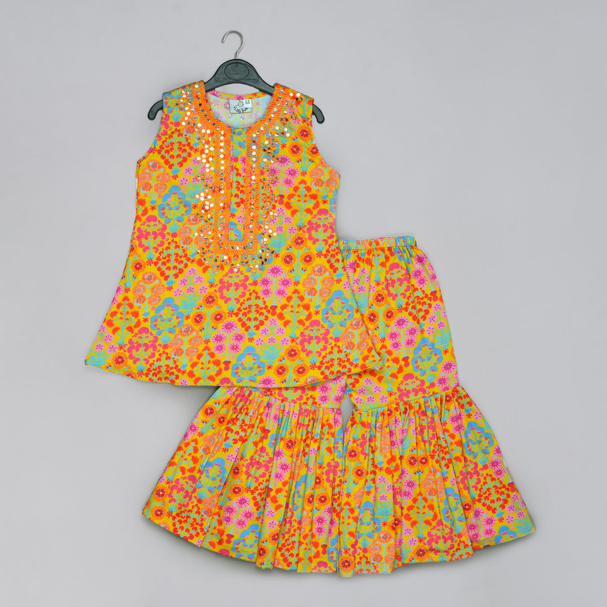 MUSTARD FLORAL PRINTED MIRROW WORK AND EMBROIDERED TOP WITH FLORAL PRINTED SHARARA SET