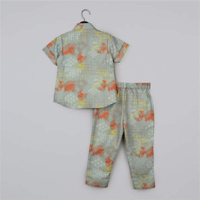 GREY GEOMETRICAL PRINTED SHIRT WITH HAND EMBROIDERED JACKET WITH PRINTED PANT SET