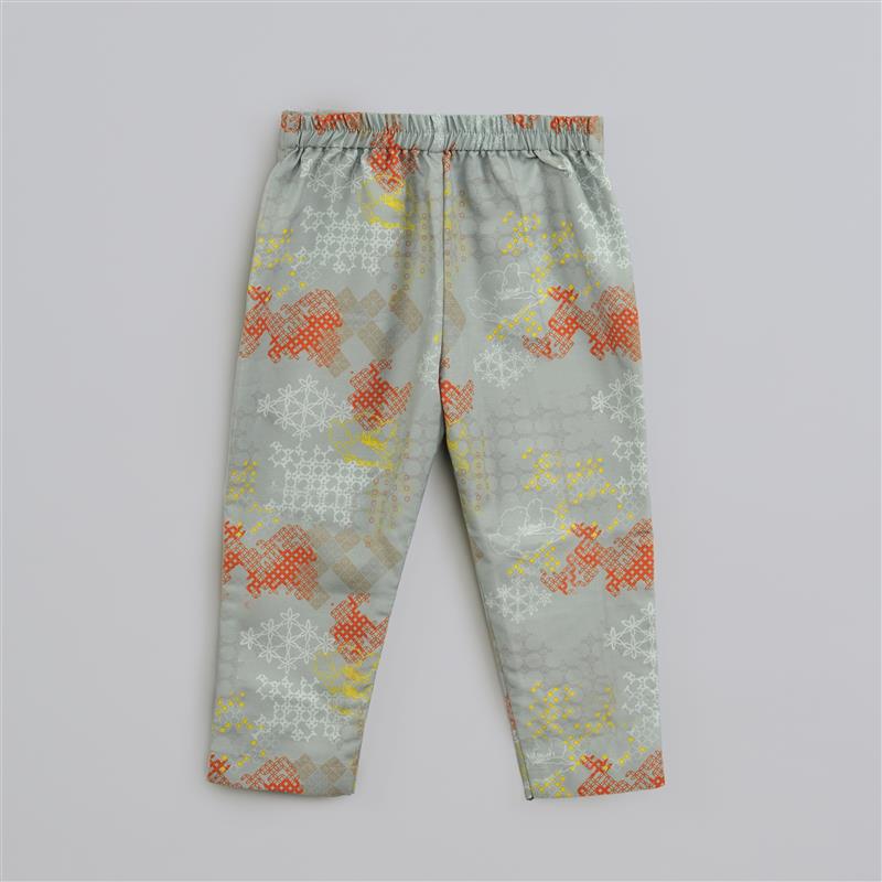 GREY GEOMETRICAL PRINTED SHIRT WITH HAND EMBROIDERED JACKET WITH PRINTED PANT SET