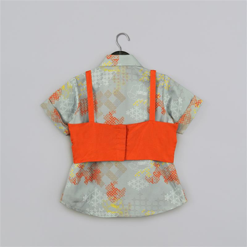 GREY GEOMETRICAL PRINTED SHIRT WITH HAND EMBROIDERED JACKET WITH PRINTED PANT SET