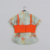 GREY GEOMETRICAL PRINTED SHIRT WITH HAND EMBROIDERED JACKET WITH PRINTED PANT SET