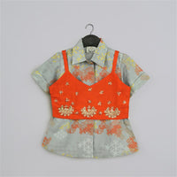 GREY GEOMETRICAL PRINTED SHIRT WITH HAND EMBROIDERED JACKET WITH PRINTED PANT SET