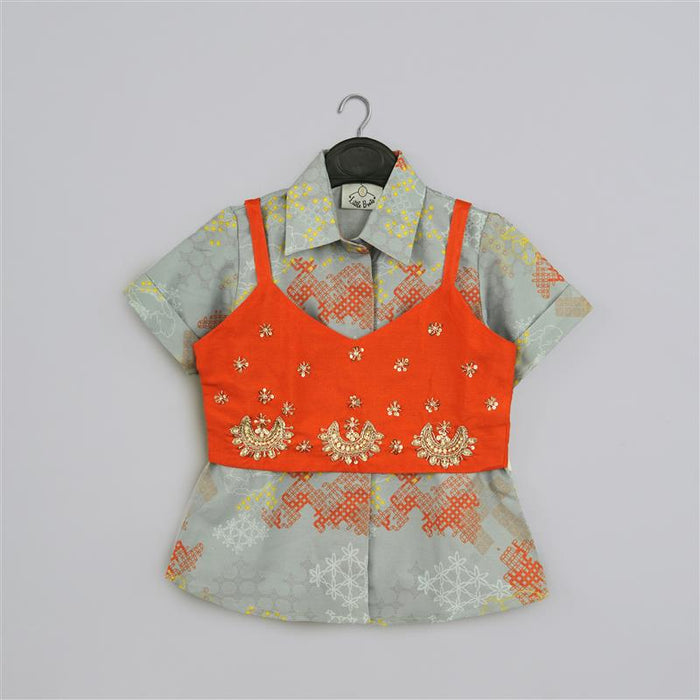 GREY GEOMETRICAL PRINTED SHIRT WITH HAND EMBROIDERED JACKET WITH PRINTED PANT SET