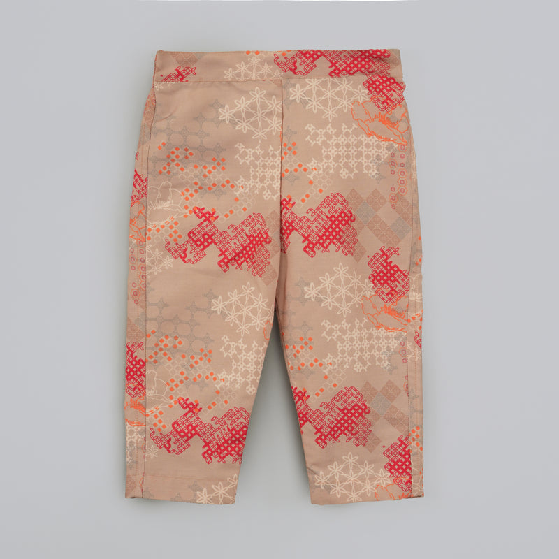 BEIDGE GEOMETRICAL PRINTED SHIRT WITH HAND EMBROIDERED JACKET WITH PRINTED PANT SET