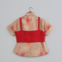 BEIDGE GEOMETRICAL PRINTED SHIRT WITH HAND EMBROIDERED JACKET WITH PRINTED PANT SET