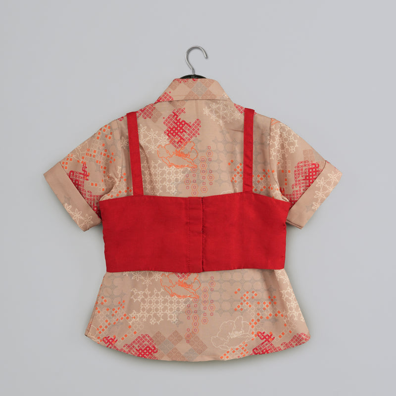 BEIDGE GEOMETRICAL PRINTED SHIRT WITH HAND EMBROIDERED JACKET WITH PRINTED PANT SET