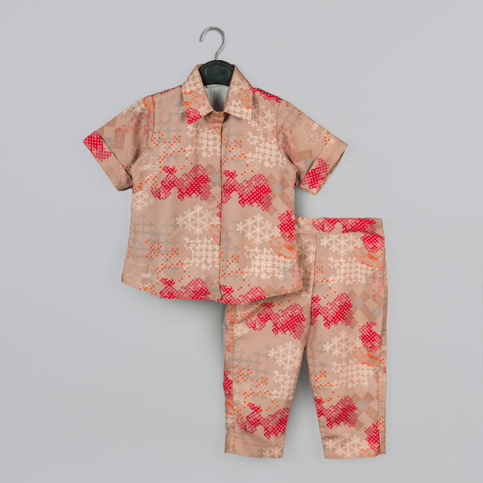 BEIDGE GEOMETRICAL PRINTED SHIRT WITH HAND EMBROIDERED JACKET WITH PRINTED PANT SET