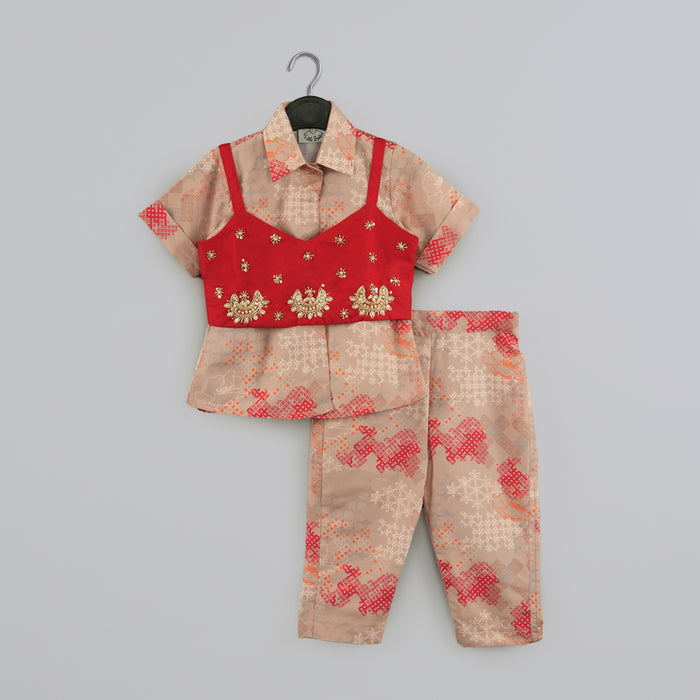BEIDGE GEOMETRICAL PRINTED SHIRT WITH HAND EMBROIDERED JACKET WITH PRINTED PANT SET