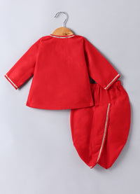 JAMANA BOY RED WITH PARACHUTE/AEROPLANE EMBROIDERY FRONT OPEN TOP WITH DHOTI SET