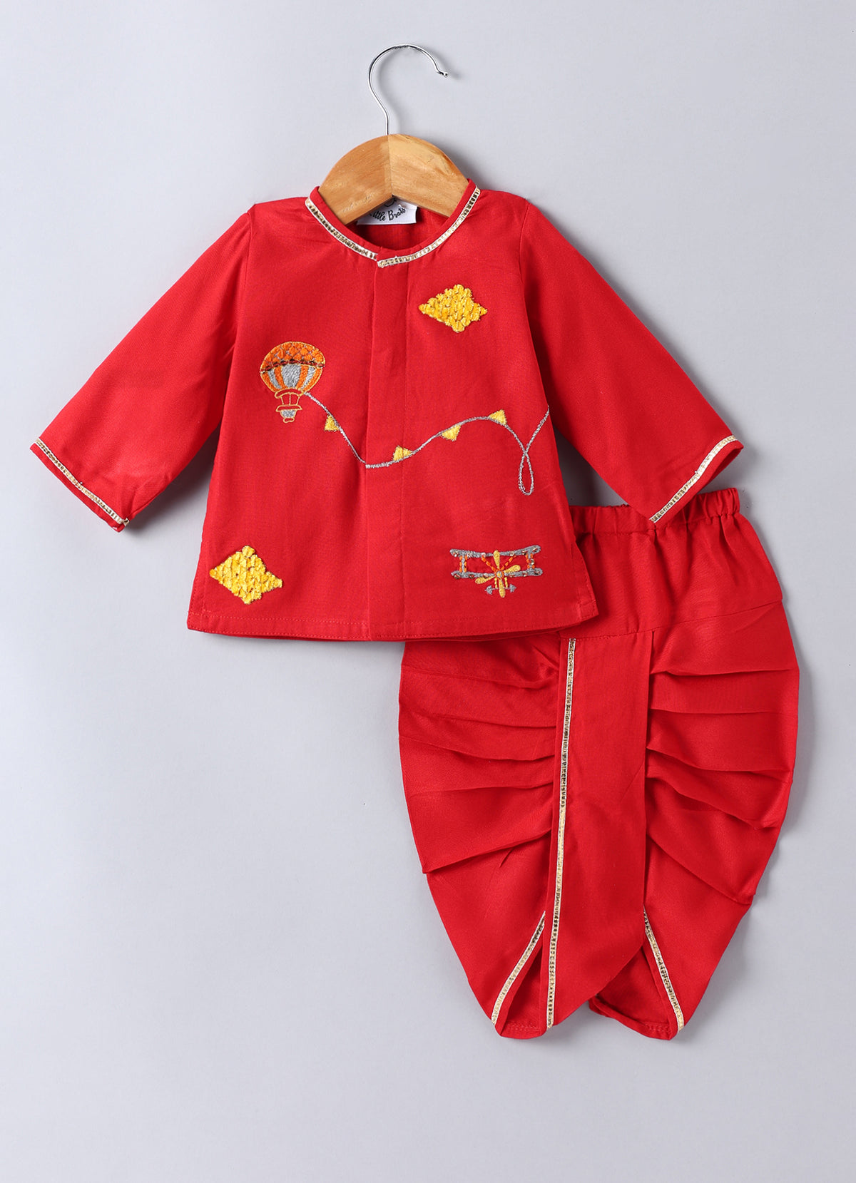 JAMANA BOY RED WITH PARACHUTE/AEROPLANE EMBROIDERY FRONT OPEN TOP WITH DHOTI SET
