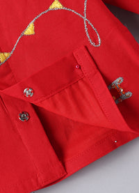 JAMANA BOY RED WITH PARACHUTE/AEROPLANE EMBROIDERY FRONT OPEN TOP WITH DHOTI SET